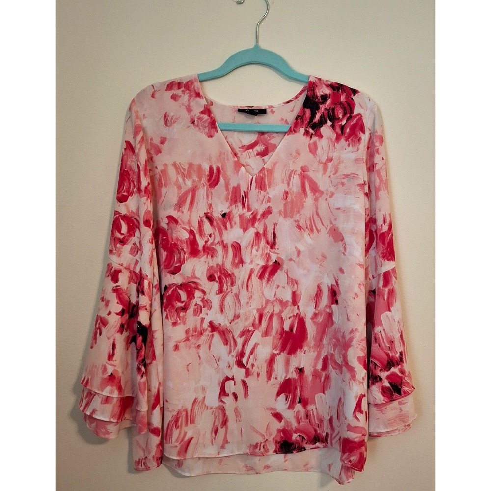 Alfani Womens 12 Blouse Pink Abstract Floral Tiered Bell Sleeve V-Neck Top